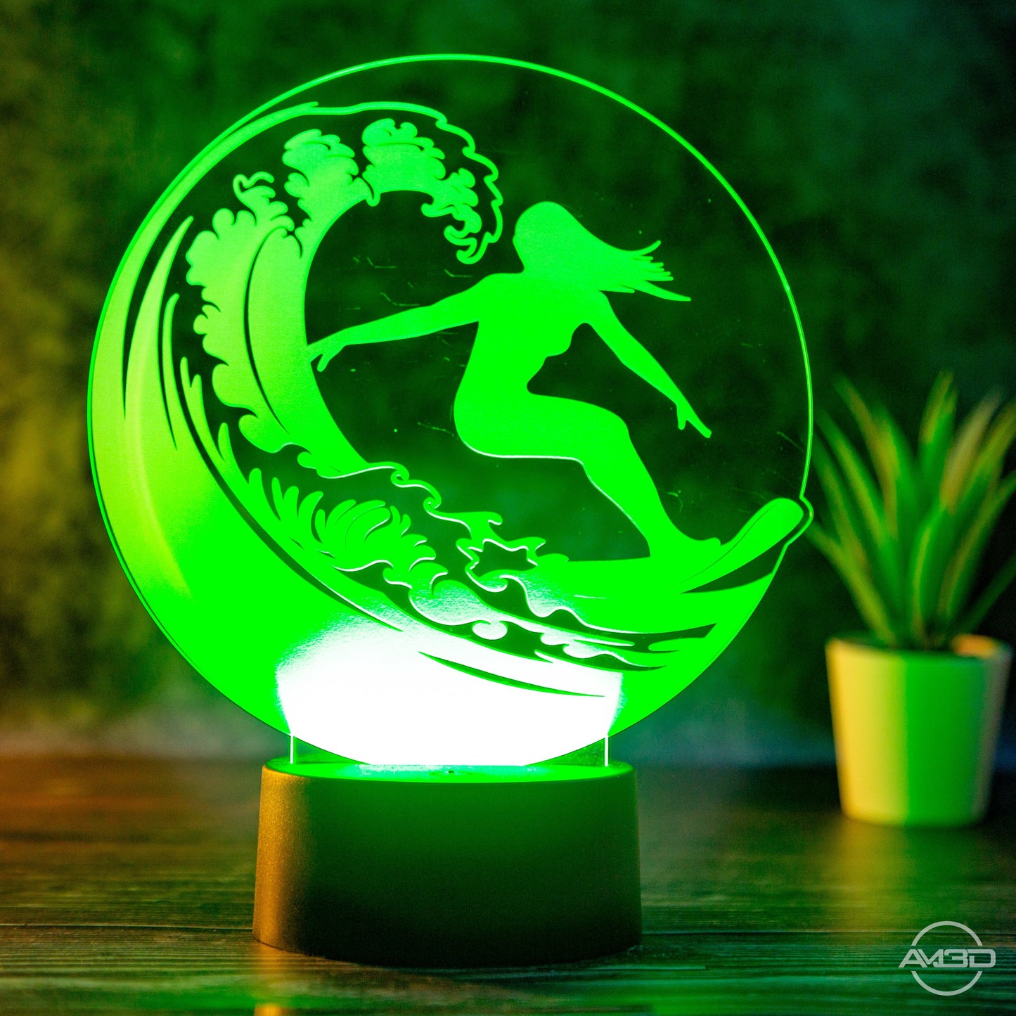 Tischlampe aus Acryl mit Surfer - Motiv - Das perfekte Geschenk für Surfer! / surfen/ Surferin/ Surfing - AM3D Shopmit Kunststoffsockel