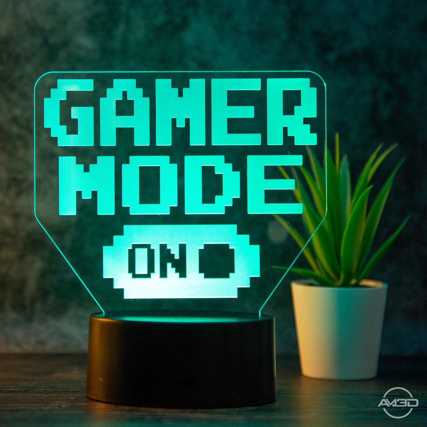 Tischlampe Gaming für Kinderzimmer - Gamer Mode On - LED Nachtlicht aus Acryl, Gamer Geschenk - AM3D Shopmit Kunststoffsockel