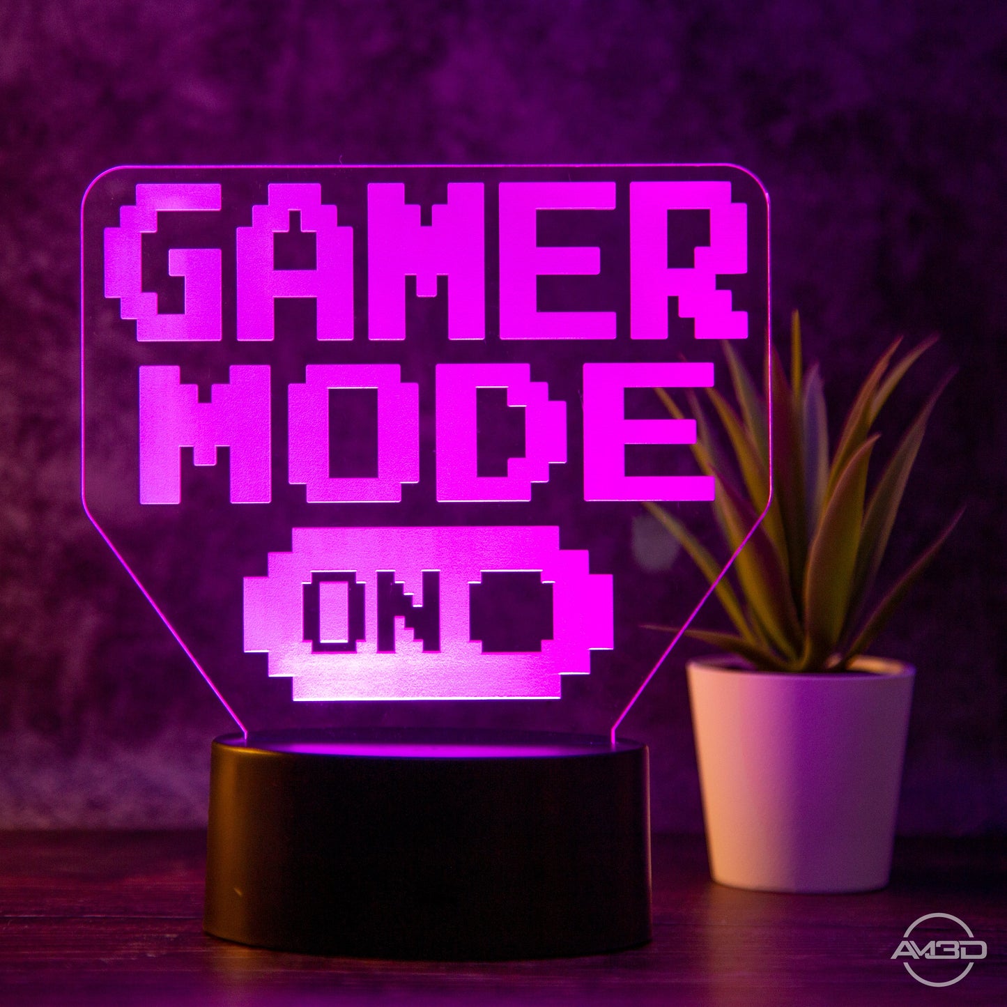 Tischlampe Gaming für Kinderzimmer - Gamer Mode On - LED Nachtlicht aus Acryl, Gamer Geschenk - AM3D Shopmit Kunststoffsockel