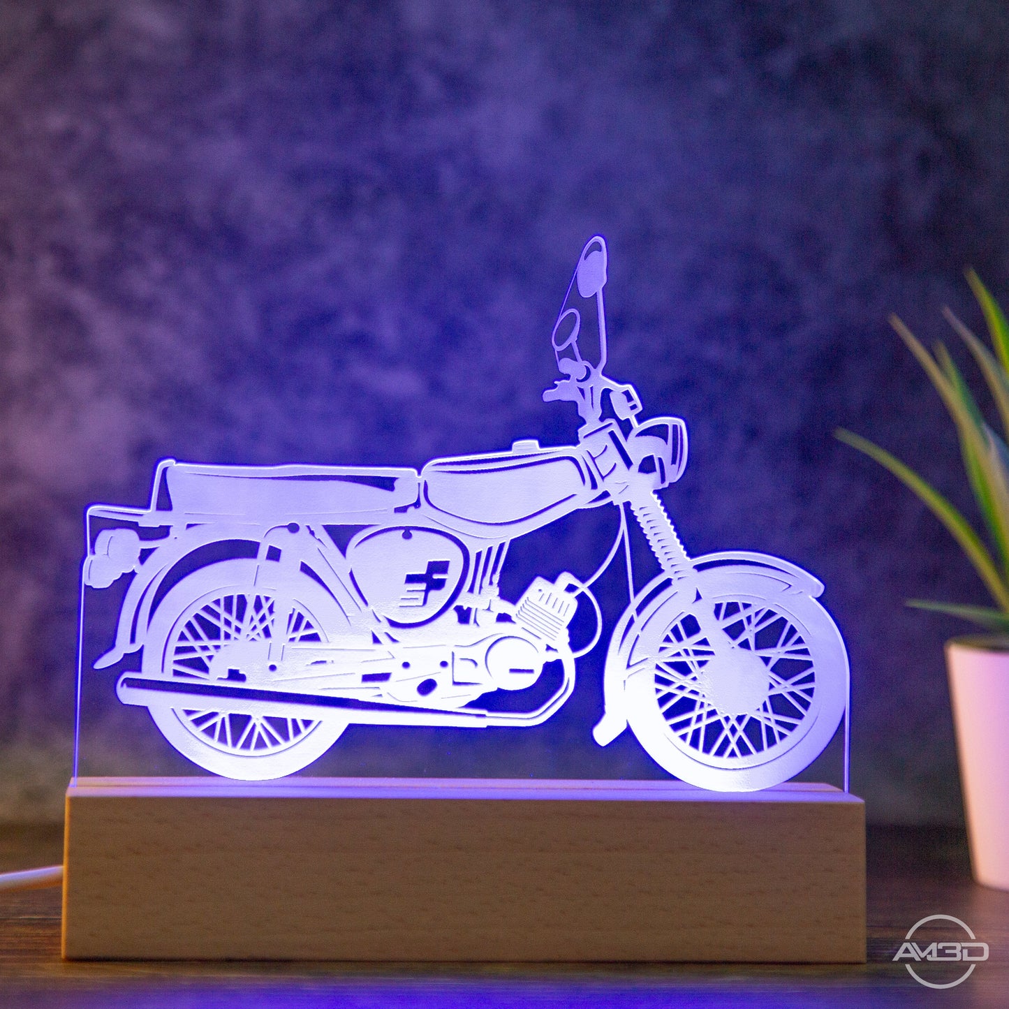Tischlampe Moped Oldtimer / Osten / Vintage / DDR - AM3D Shopmit Holzsockel 15cm
