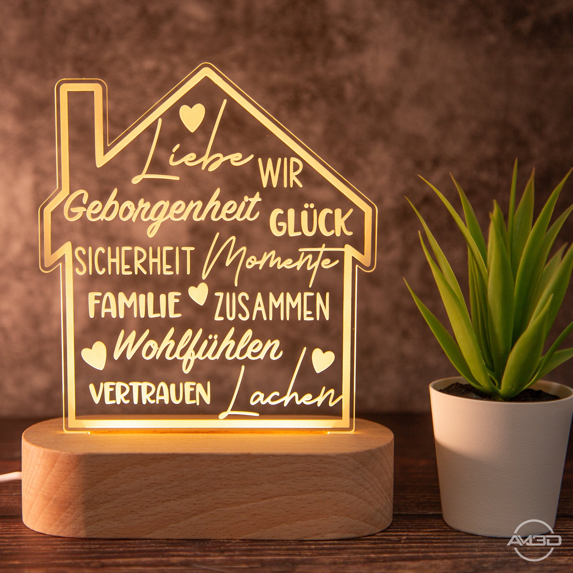 Wohnzimmer Deko Lampe, Zuhause, Tischlampe, LED Lampe Acryl - AM3D Shopmit Holzsockel 14cm