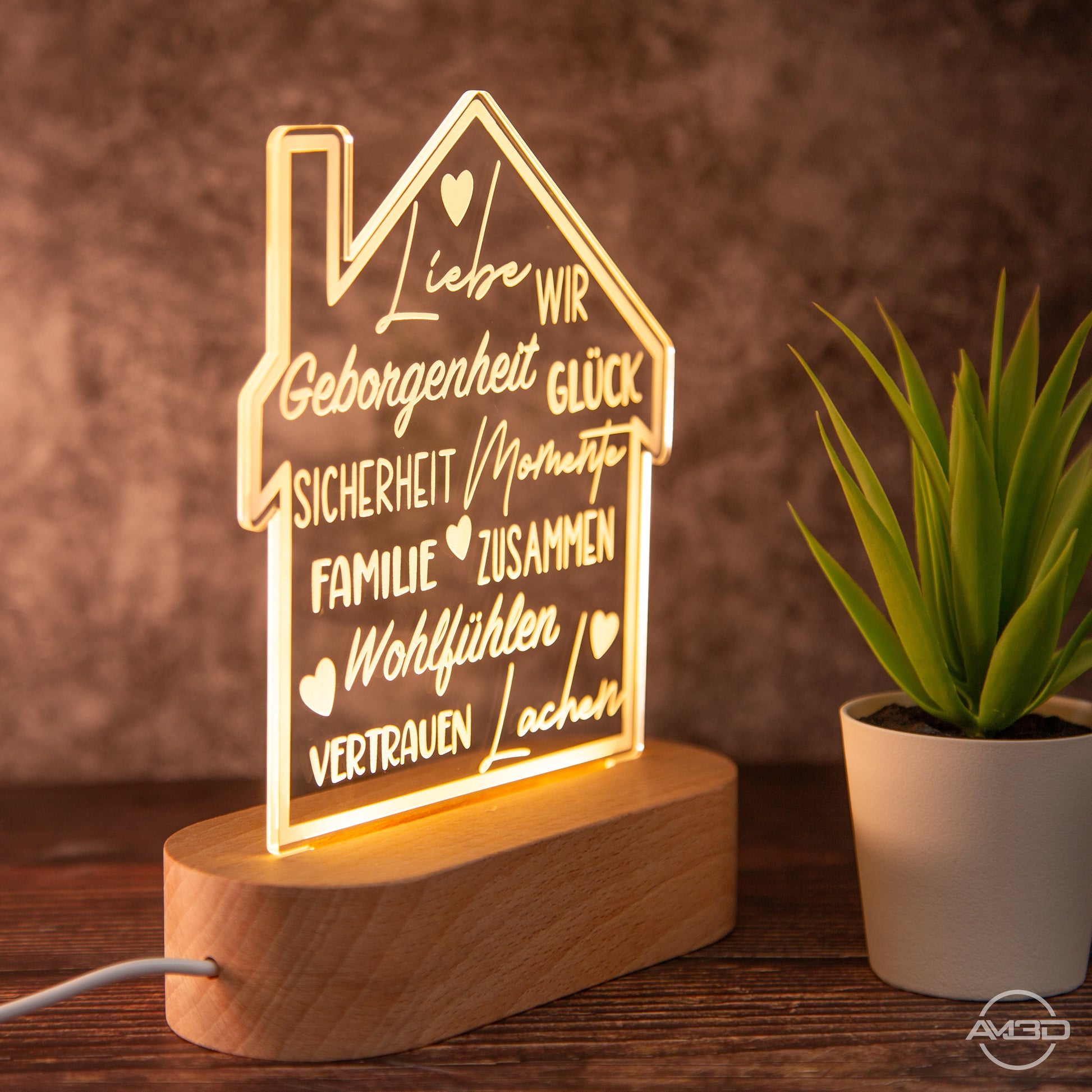 Wohnzimmer Deko Lampe, Zuhause, Tischlampe, LED Lampe Acryl - AM3D Shopmit Holzsockel 14cm