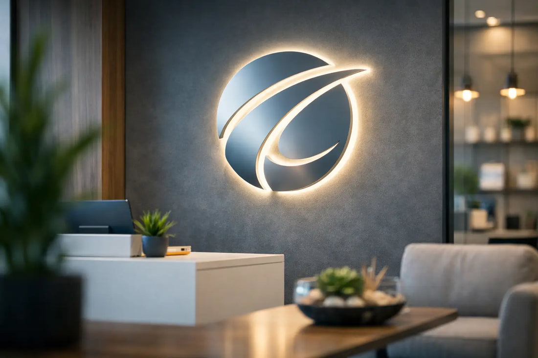 Bürodekoration mit beleuchtetem Logo, die wirkt