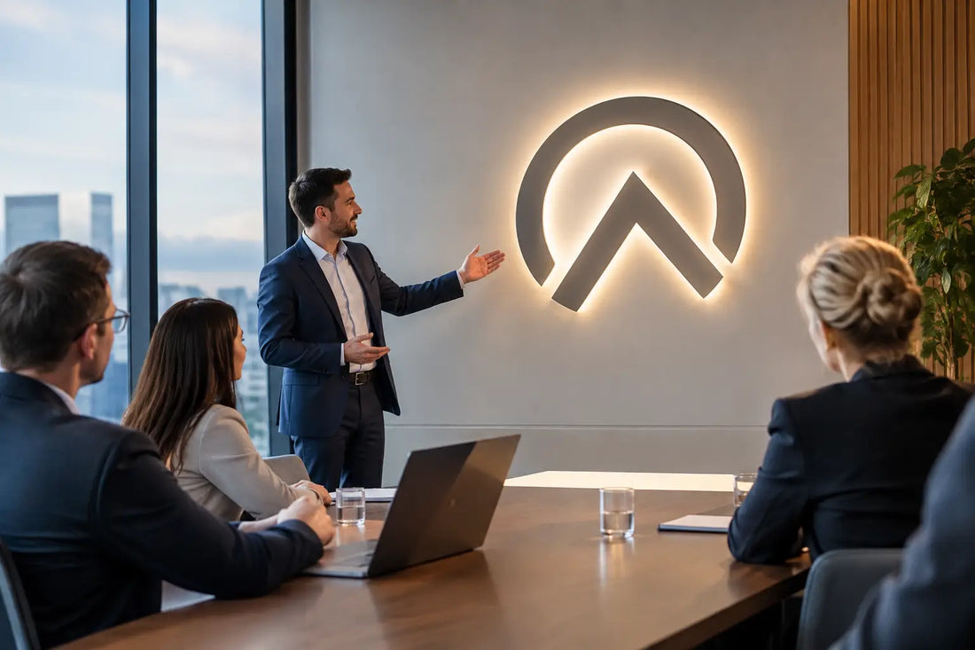 Firmenpräsentation mit beleuchtetem Logo