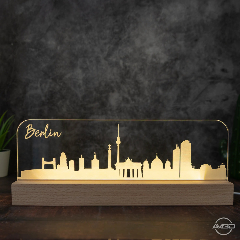 3D LED Lampe Skyline Berlin - AM3D Shopmit Holzsockel 30cm