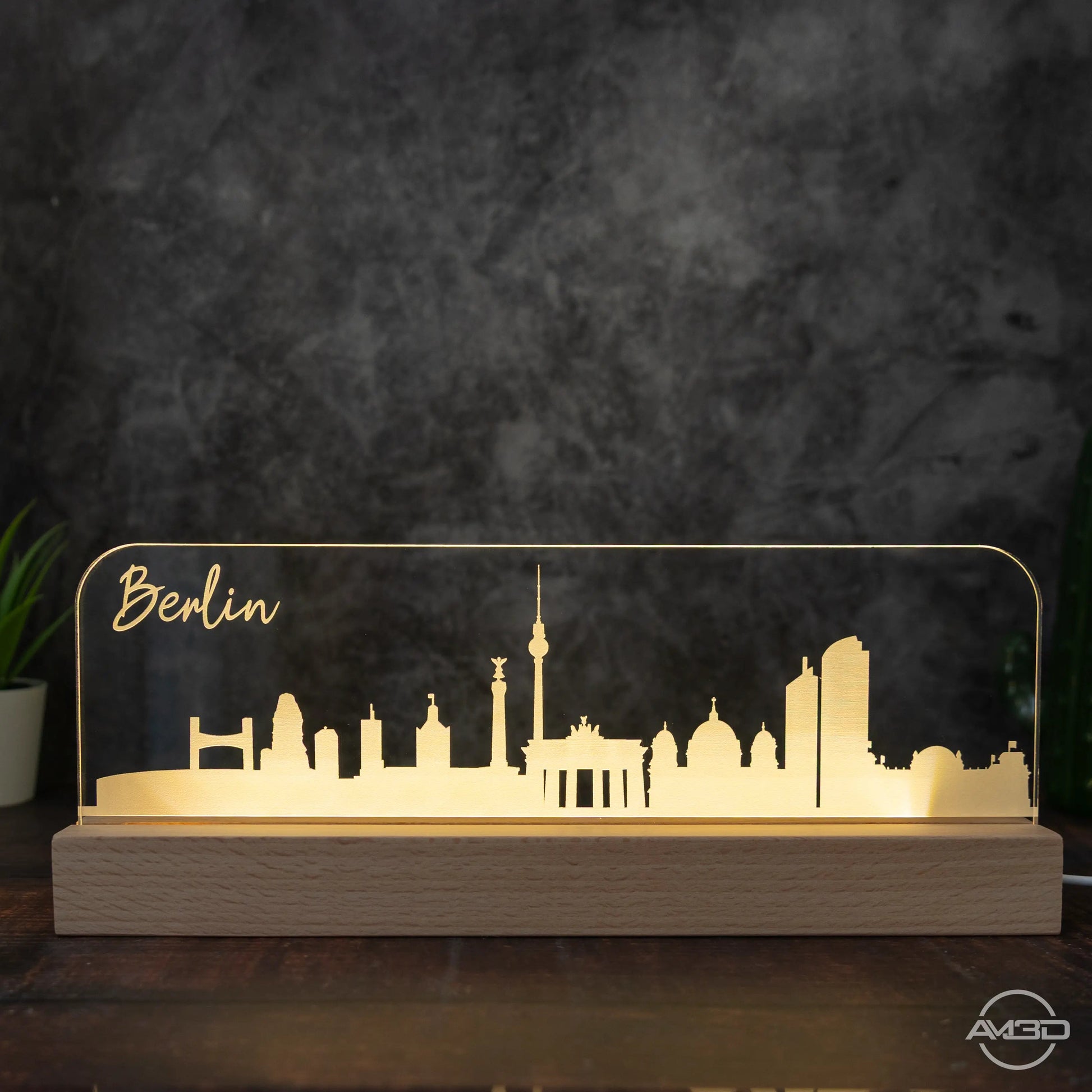 3D LED Lampe Skyline Berlin - AM3D Shopmit Holzsockel 30cm