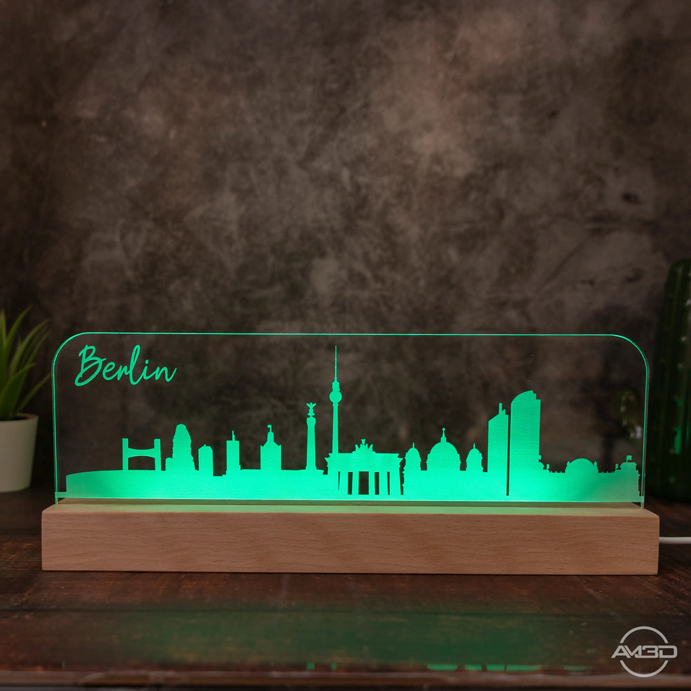 3D LED Lampe Skyline Berlin - AM3D Shopmit Holzsockel 30cm