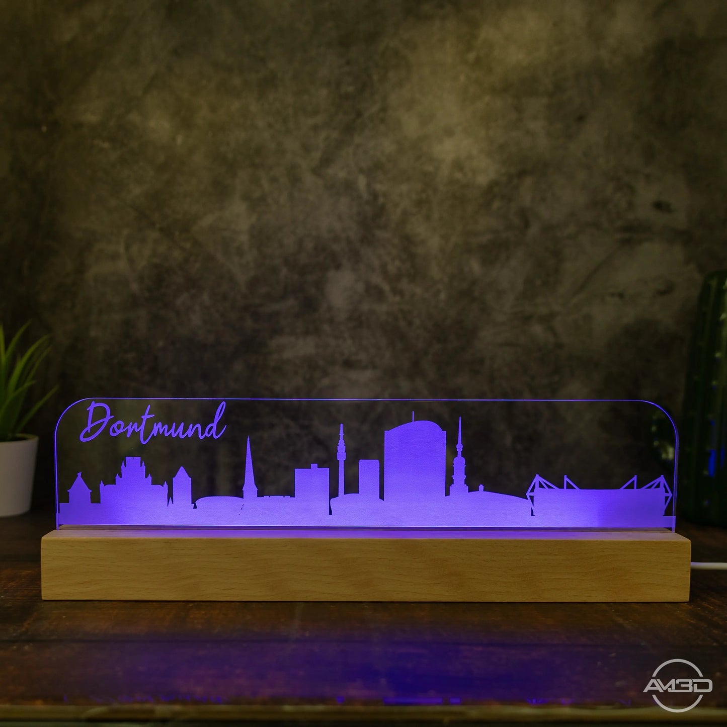 3D LED Lampe Skyline Dortmund - AM3D Shopmit Holzsockel 30cm