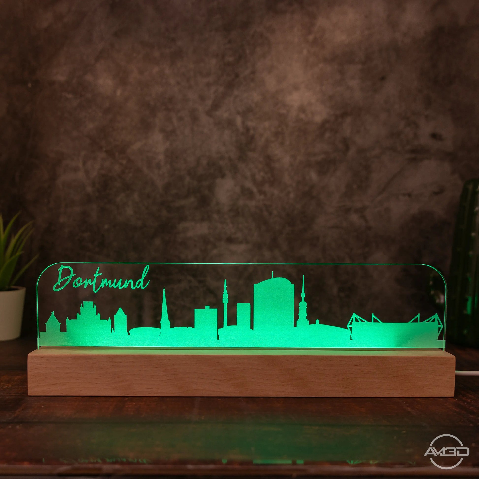 3D LED Lampe Skyline Dortmund - AM3D Shopmit Holzsockel 30cm