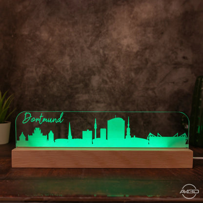 3D LED Lampe Skyline Dortmund - AM3D Shopmit Holzsockel 30cm