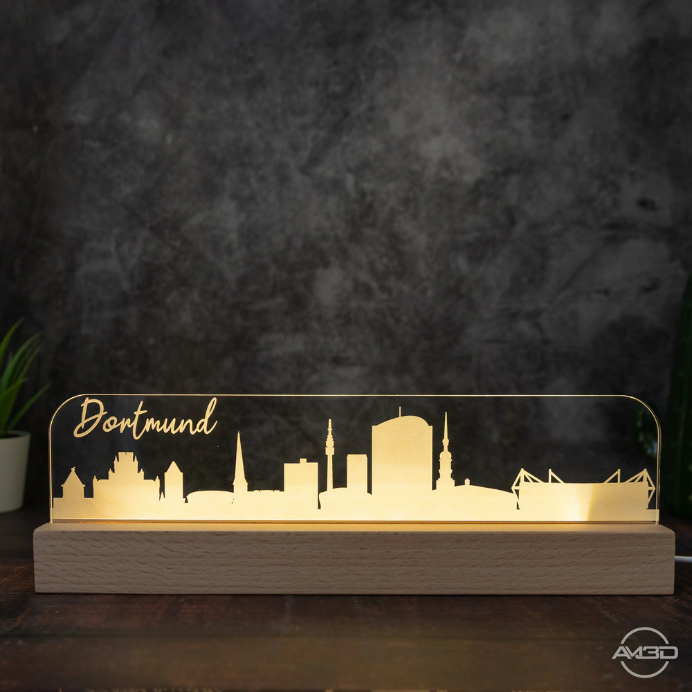 3D LED Lampe Skyline Dortmund - AM3D Shopmit Holzsockel 30cm