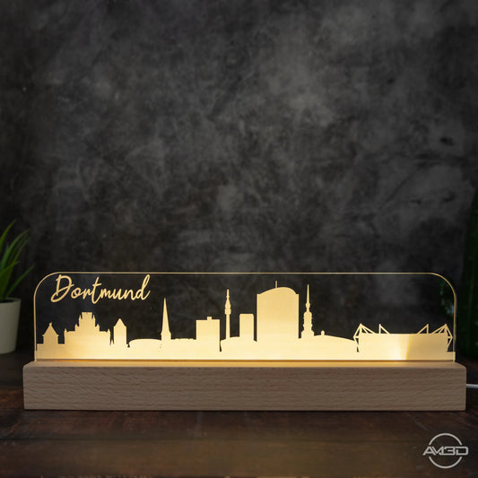 3D LED Lampe Skyline Dortmund - AM3D Shopmit Holzsockel 30cm