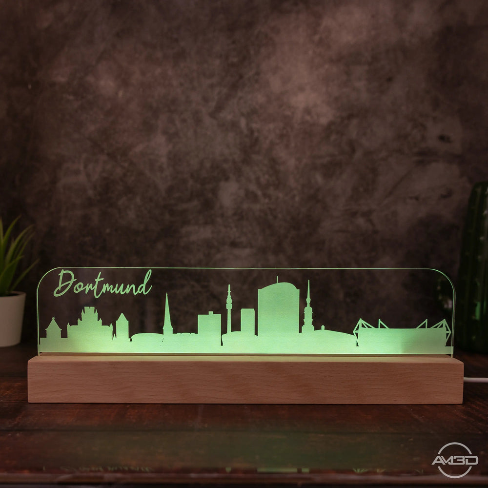 3D LED Lampe Skyline Dortmund - AM3D Shopmit Holzsockel 30cm