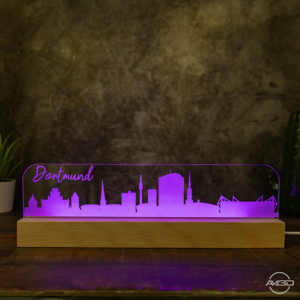 3D LED Lampe Skyline Dortmund - AM3D Shopmit Holzsockel 30cm