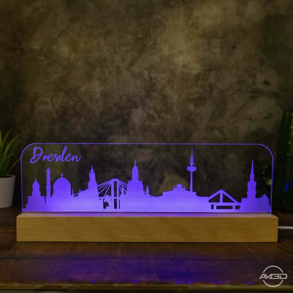 3D LED Lampe Skyline Dresden - AM3D Shopmit Holzsockel 30cm
