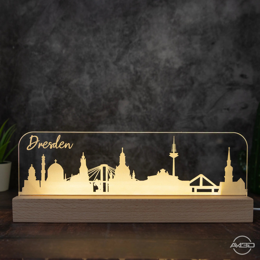 3D LED Lampe Skyline Dresden - AM3D Shopmit Holzsockel 30cm