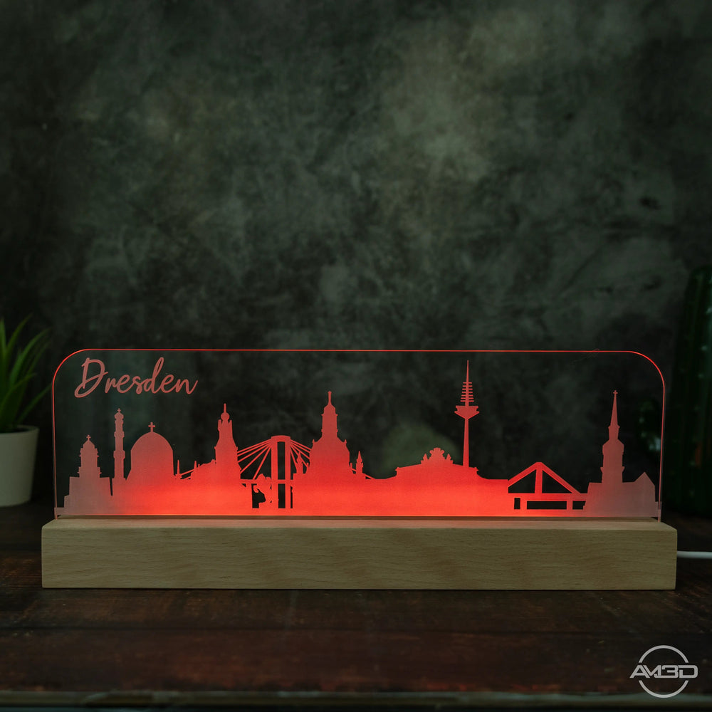3D LED Lampe Skyline Dresden - AM3D Shopmit Holzsockel 30cm