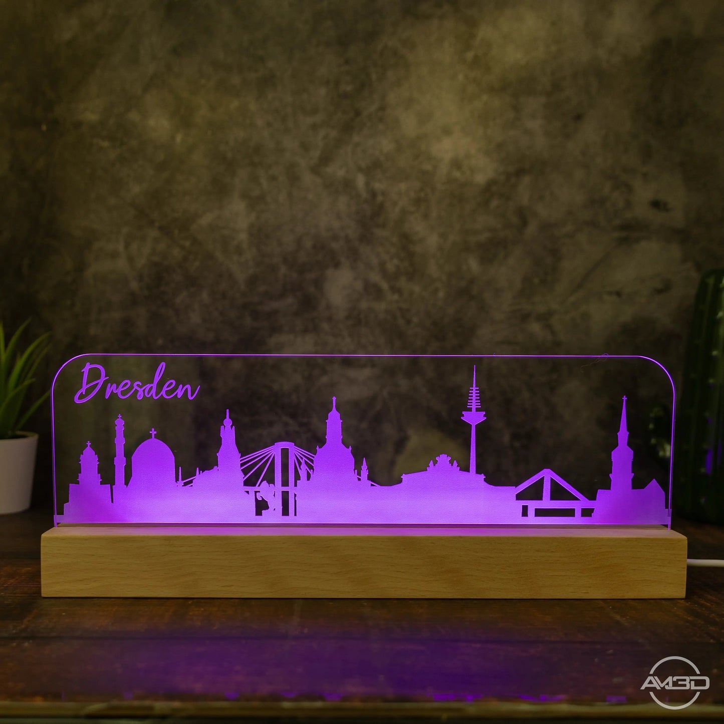 3D LED Lampe Skyline Dresden - AM3D Shopmit Holzsockel 30cm