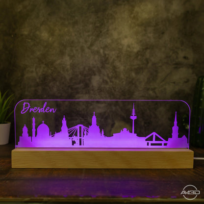 3D LED Lampe Skyline Dresden - AM3D Shopmit Holzsockel 30cm