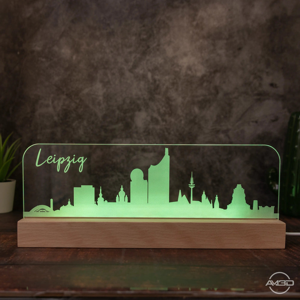 3D LED Lampe Skyline Dresden Leipzig - AM3D Shopmit Holzsockel 30cm