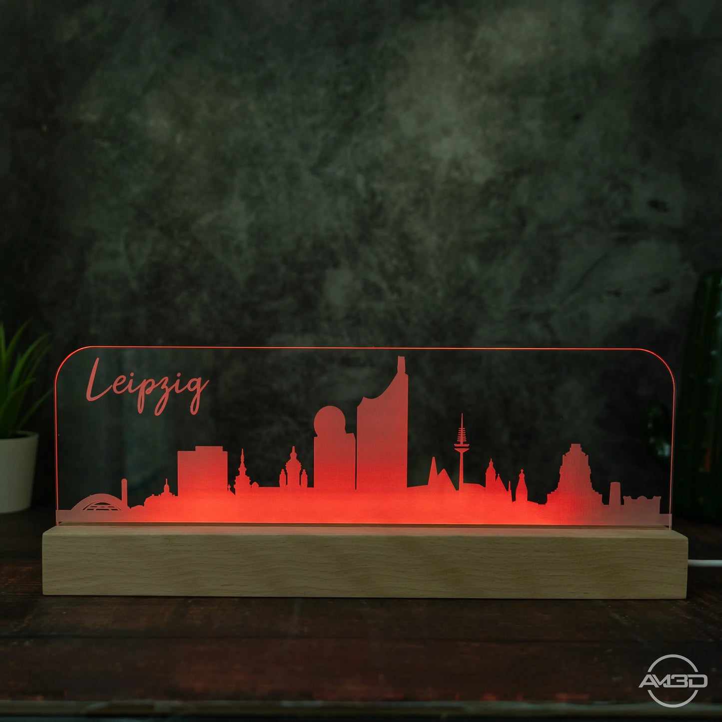 3D LED Lampe Skyline Dresden Leipzig - AM3D Shopmit Holzsockel 30cm