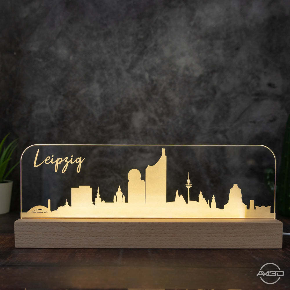 3D LED Lampe Skyline Dresden Leipzig - AM3D Shopmit Holzsockel 30cm