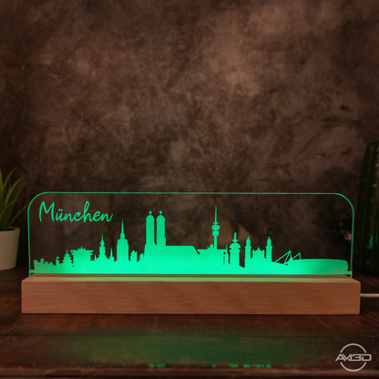 3D LED Lampe Skyline München - AM3D Shopmit Holzsockel 30cm