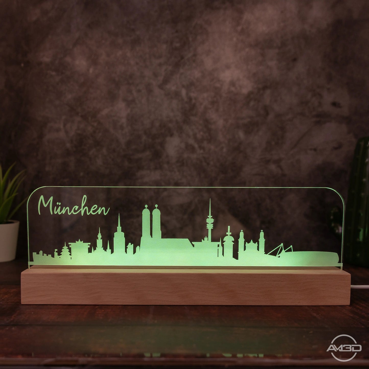 3D LED Lampe Skyline München - AM3D Shopmit Holzsockel 30cm