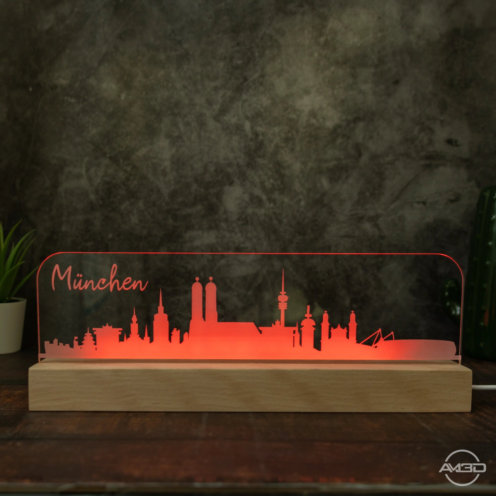 3D LED Lampe Skyline München - AM3D Shopmit Holzsockel 30cm