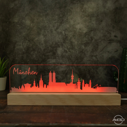 3D LED Lampe Skyline München - AM3D Shopmit Holzsockel 30cm