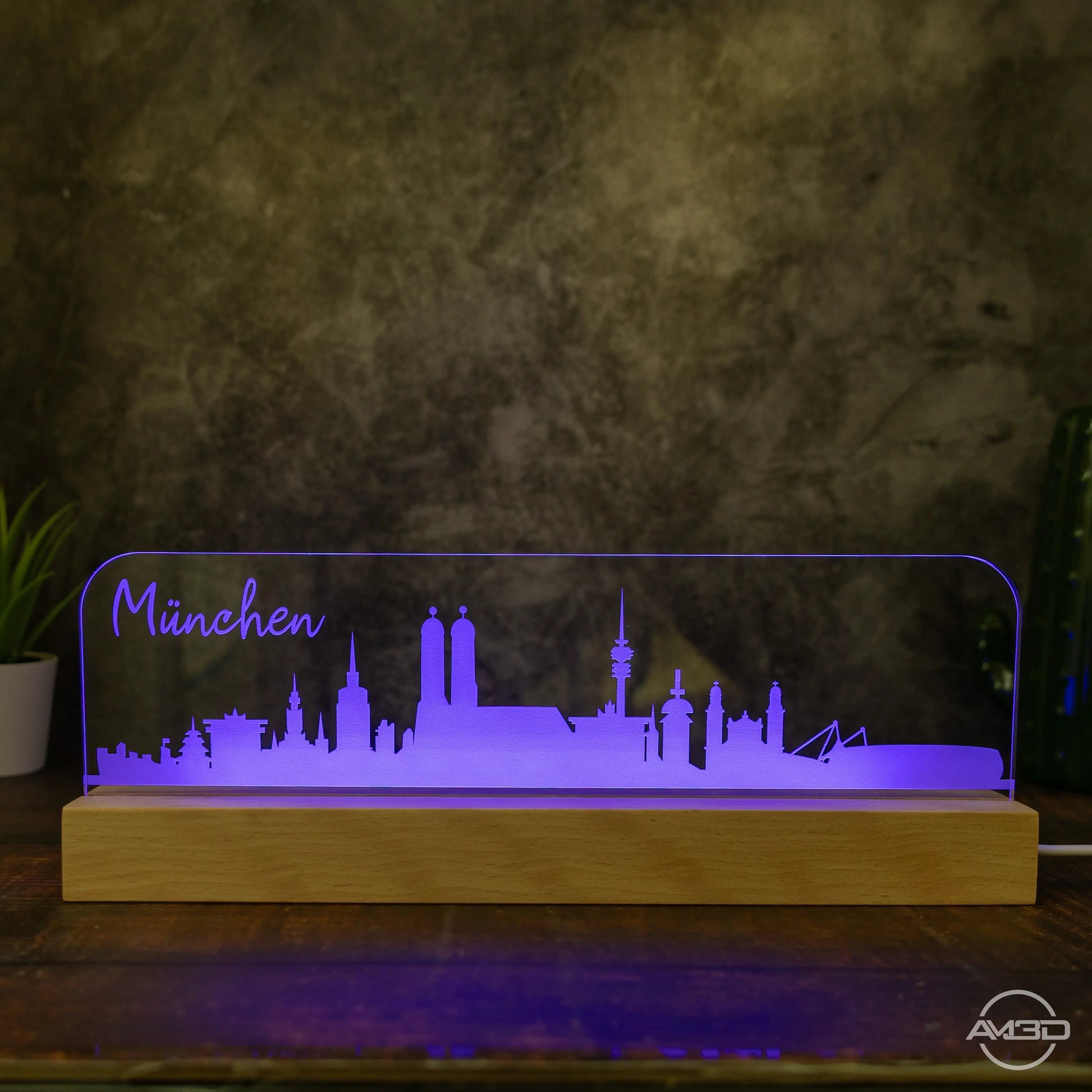 3D LED Lampe Skyline München - AM3D Shopmit Holzsockel 30cm