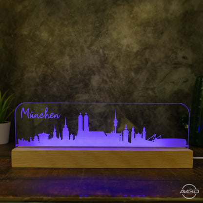 3D LED Lampe Skyline München - AM3D Shopmit Holzsockel 30cm