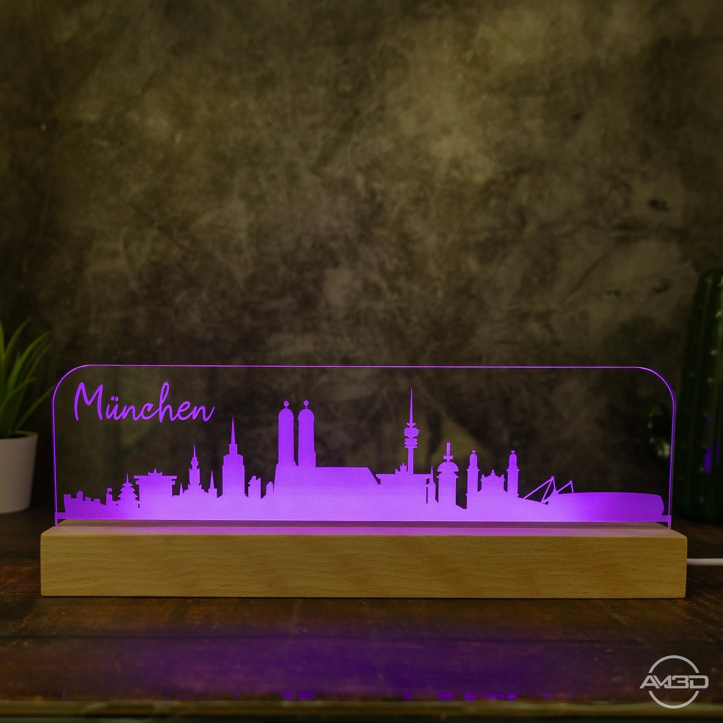 3D LED Lampe Skyline München - AM3D Shopmit Holzsockel 30cm