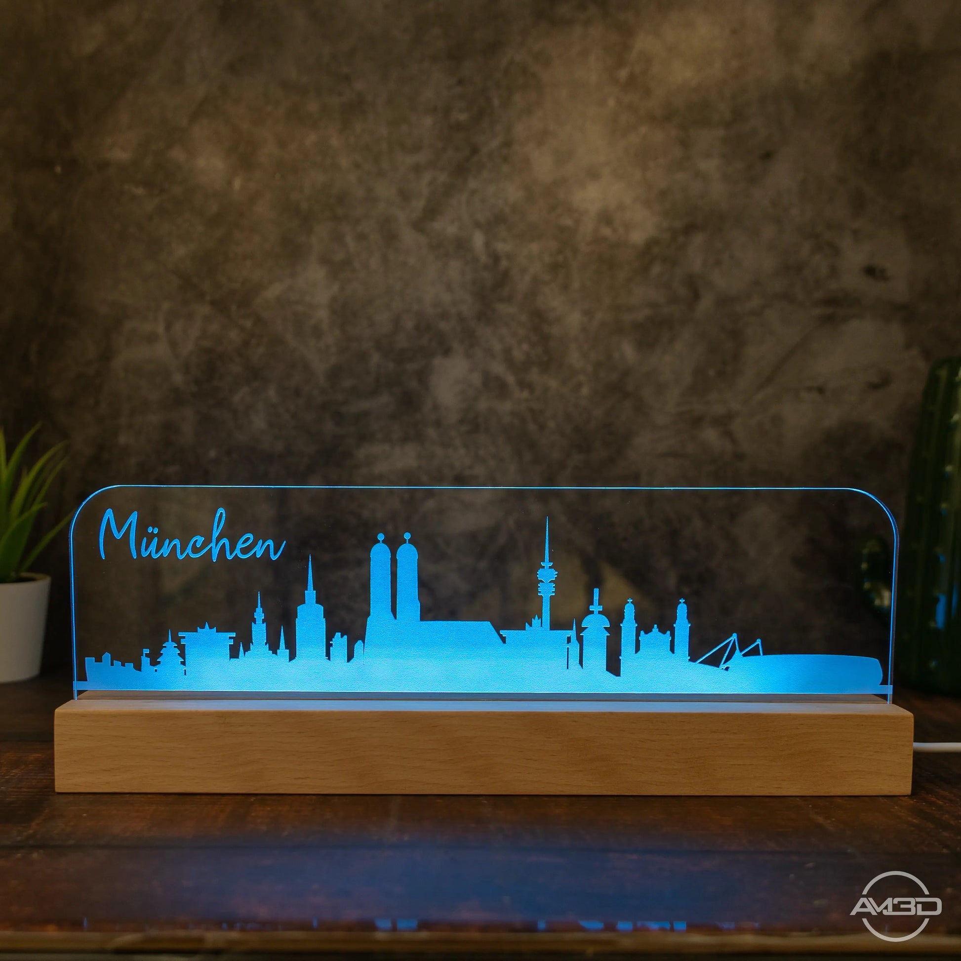 3D LED Lampe Skyline München - AM3D Shopmit Holzsockel 30cm