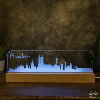 3D LED Lampe Skyline München - AM3D Shopmit Holzsockel 30cm