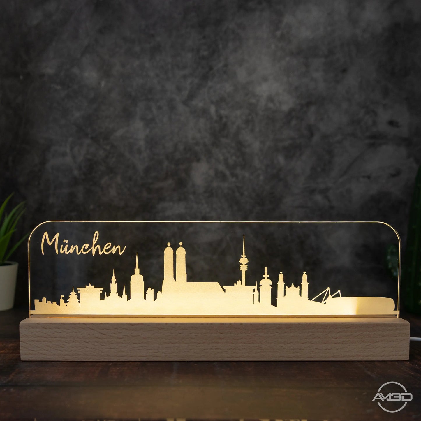3D LED Lampe Skyline München - AM3D Shopmit Holzsockel 30cm