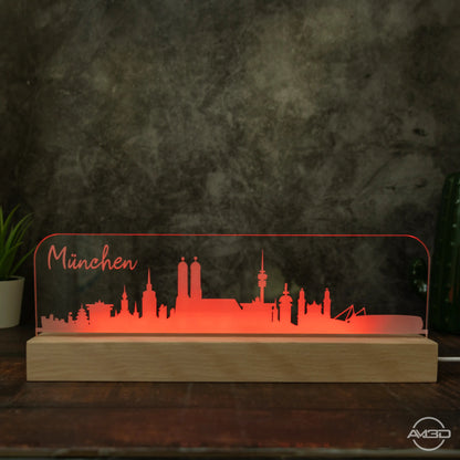 3D LED Lampe Skyline München - AM3D Shopmit Holzsockel 30cm