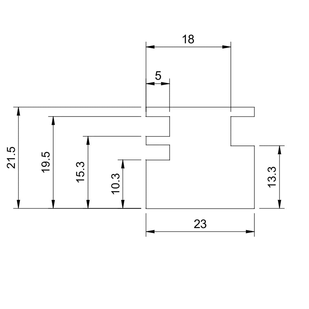Bemaßung/Technische Zeichnung des 3-in-1 Anschlagwürfels (ca. 23×23×21,5 mm) für magnetische Wabengitter