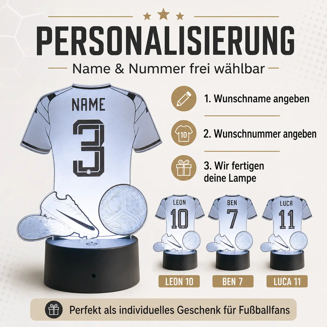 Personalisierte Fußballlampe mit Name & Wunschnummer