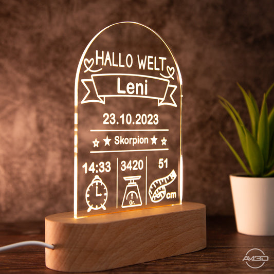 Baby Geburts - LED Nachtlicht - AM3D Shopmit Holzsockel 14cm