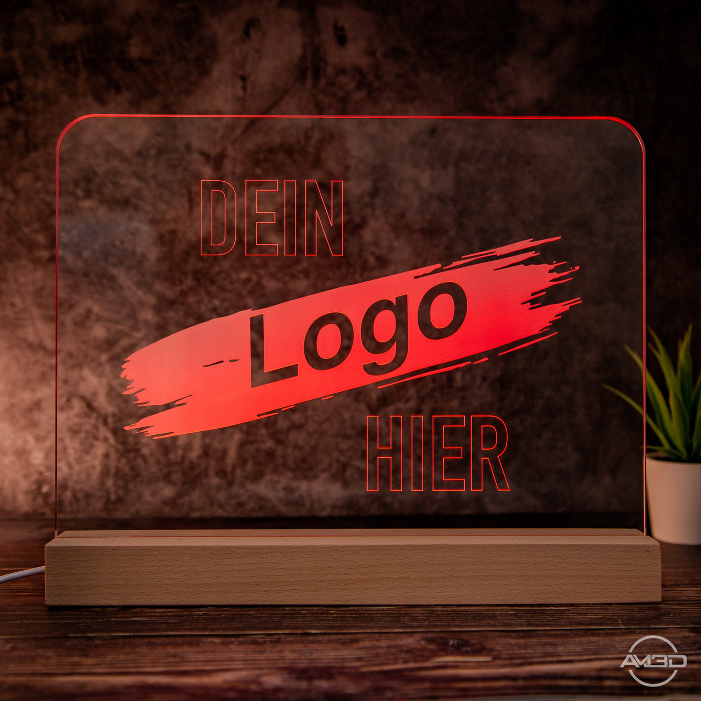 Dein Logo oder Motiv als XL LED Lampe aus Acryl 30cm breit - AM3D Shopmit Holzsockel 30cm