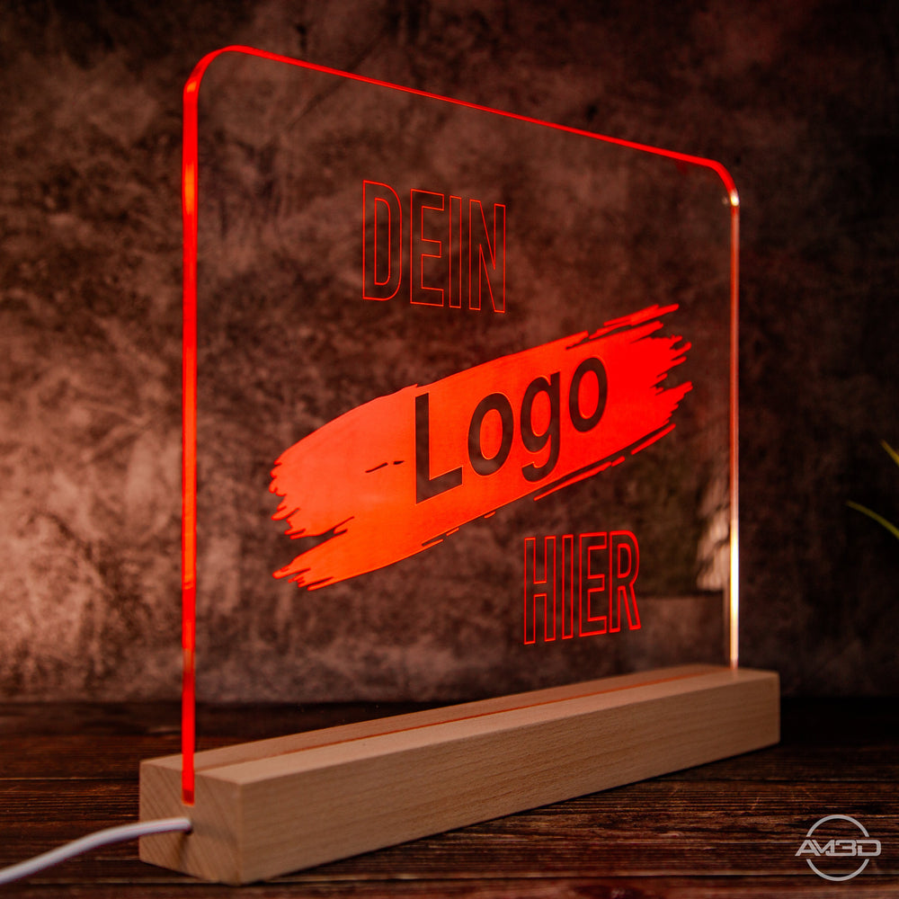 Dein Logo oder Motiv als XL LED Lampe aus Acryl 30cm breit - AM3D Shopmit Holzsockel 30cm