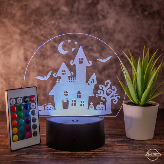 Halloween Deko LED - Lampe: Magisches Spukhaus mit Farbwechsel - AM3D Shopmit Kunststoffsockel