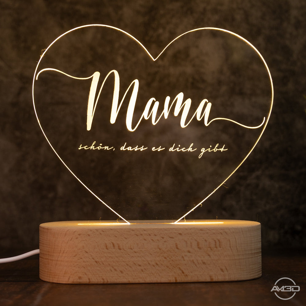 Herzlampe „Mama – schön, dass es dich gibt“ - AM3D Shopmit Holzsockel 15cm