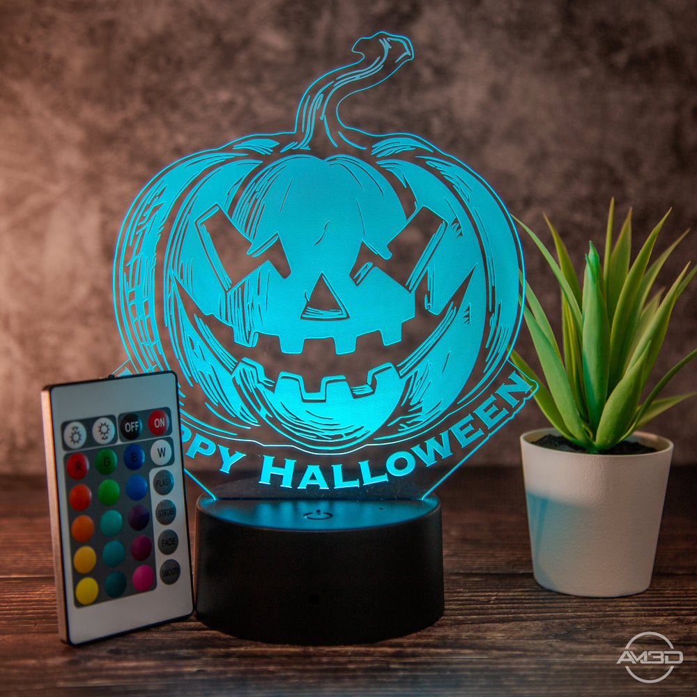LED Halloween - Lampe mit Gruseligem Kürbis - Design und Fernbedienung - Stimmungsvolle Dekoration - AM3D Shopmit Kunststoffsockel