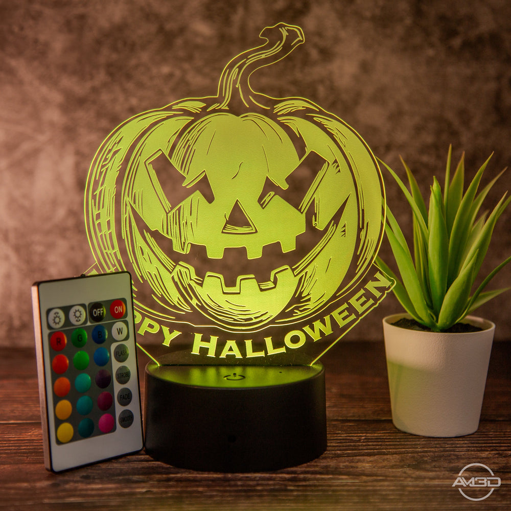 LED Halloween - Lampe mit Gruseligem Kürbis - Design und Fernbedienung - Stimmungsvolle Dekoration - AM3D Shopmit Kunststoffsockel