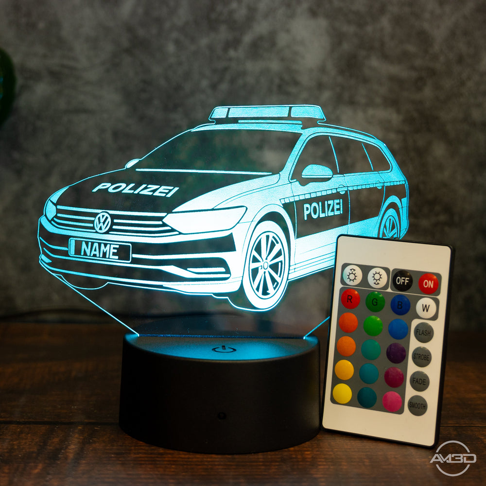 LED - Leuchte „Polizeiauto“ mit Wunschkennzeichen – 3D - Licht für kleine Blaulichtfans - AM3D Shopmit Kunststoffsockel