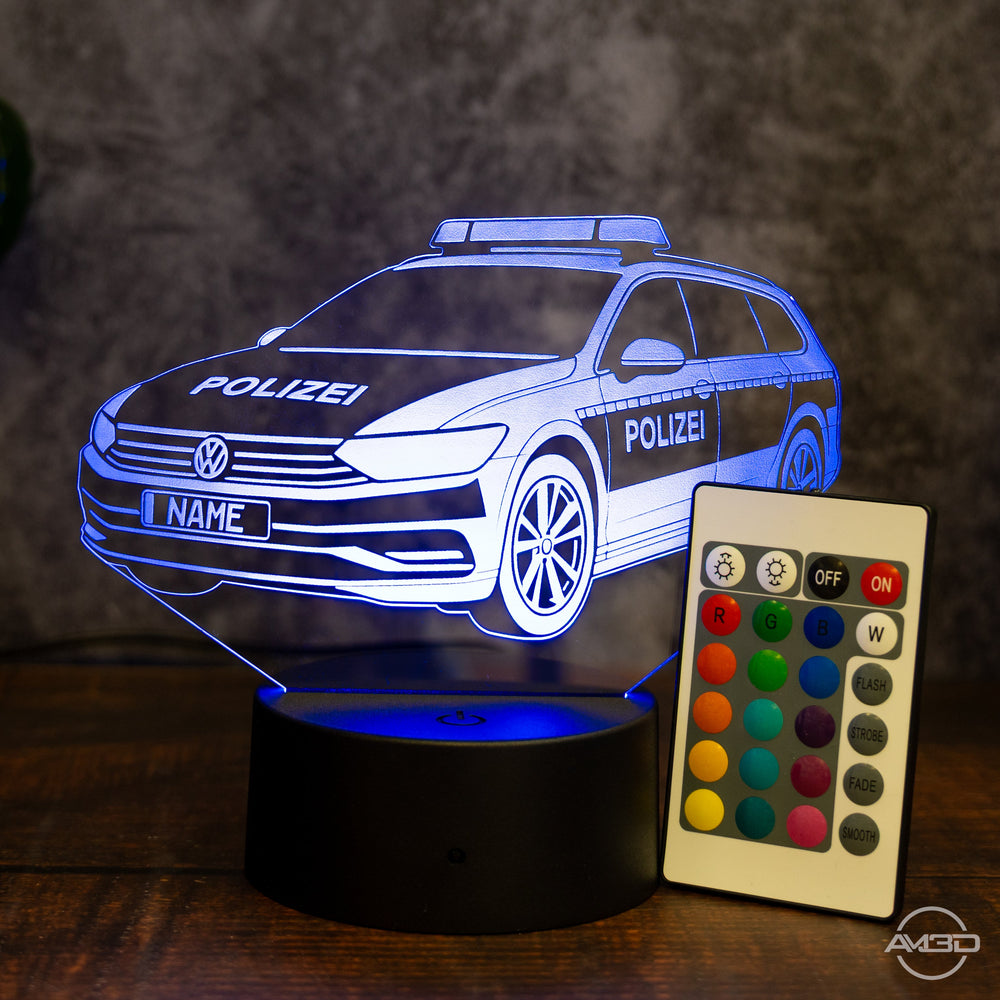 LED - Leuchte „Polizeiauto“ mit Wunschkennzeichen – 3D - Licht für kleine Blaulichtfans - AM3D Shopmit Kunststoffsockel