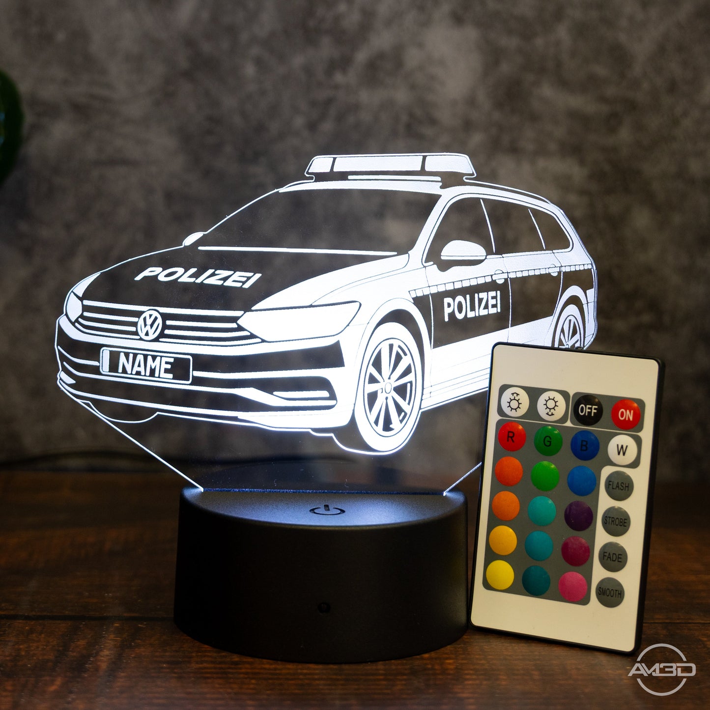 LED - Leuchte „Polizeiauto“ mit Wunschkennzeichen – 3D - Licht für kleine Blaulichtfans - AM3D Shopmit Kunststoffsockel