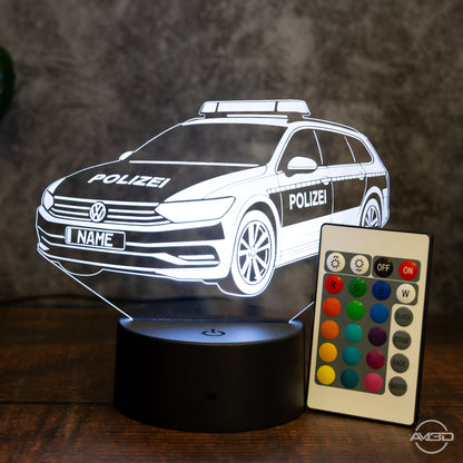LED - Leuchte „Polizeiauto“ mit Wunschkennzeichen – 3D - Licht für kleine Blaulichtfans - AM3D Shopmit Kunststoffsockel